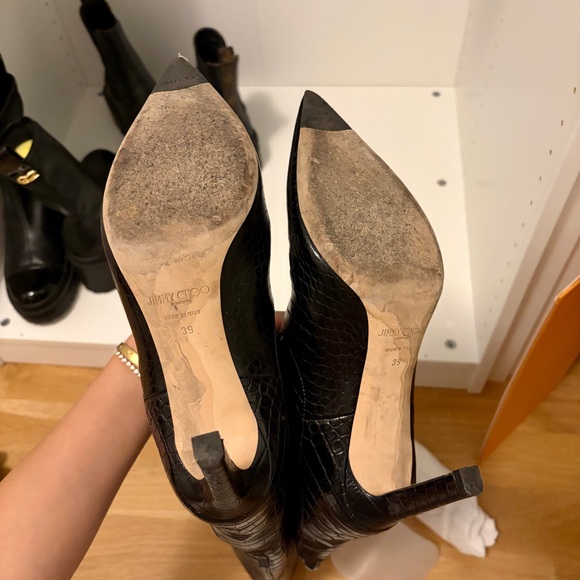 EUC JIMMY CHOO Black Mavis 85 Croc-Embossed Leather Pointed-Toe High Boots 8 39 - Picture 8 of 12